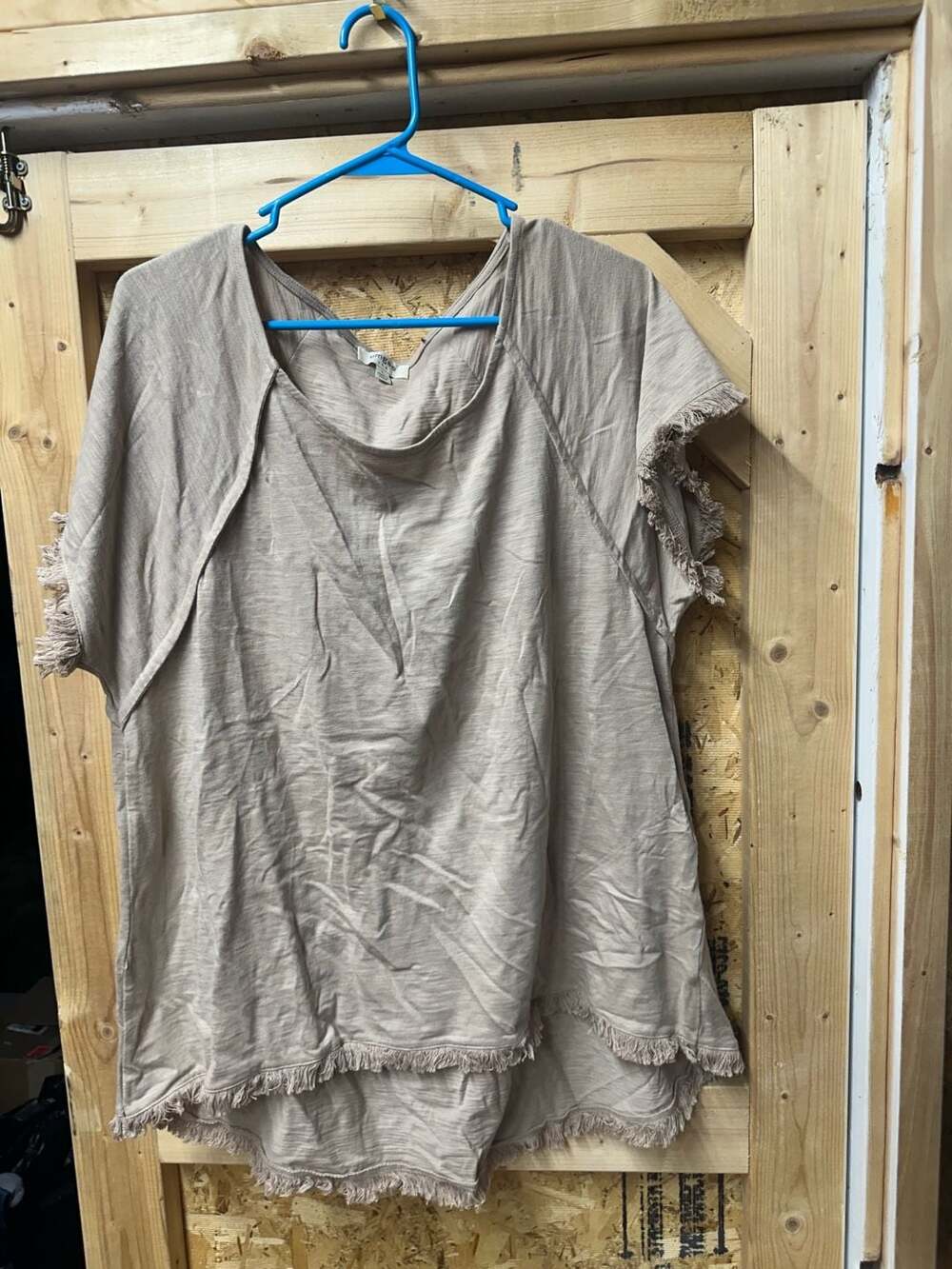 Umgee Blouse Size L Beige Gauzy Boxy Short Sleeve Frayed Edges Boho Shirt